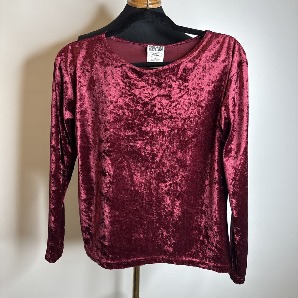 Vintage 90s Y2K Crushed Velvet Top M Burgundy Long Sleeve Fairy Grunge Goth - Picture 9 of 9